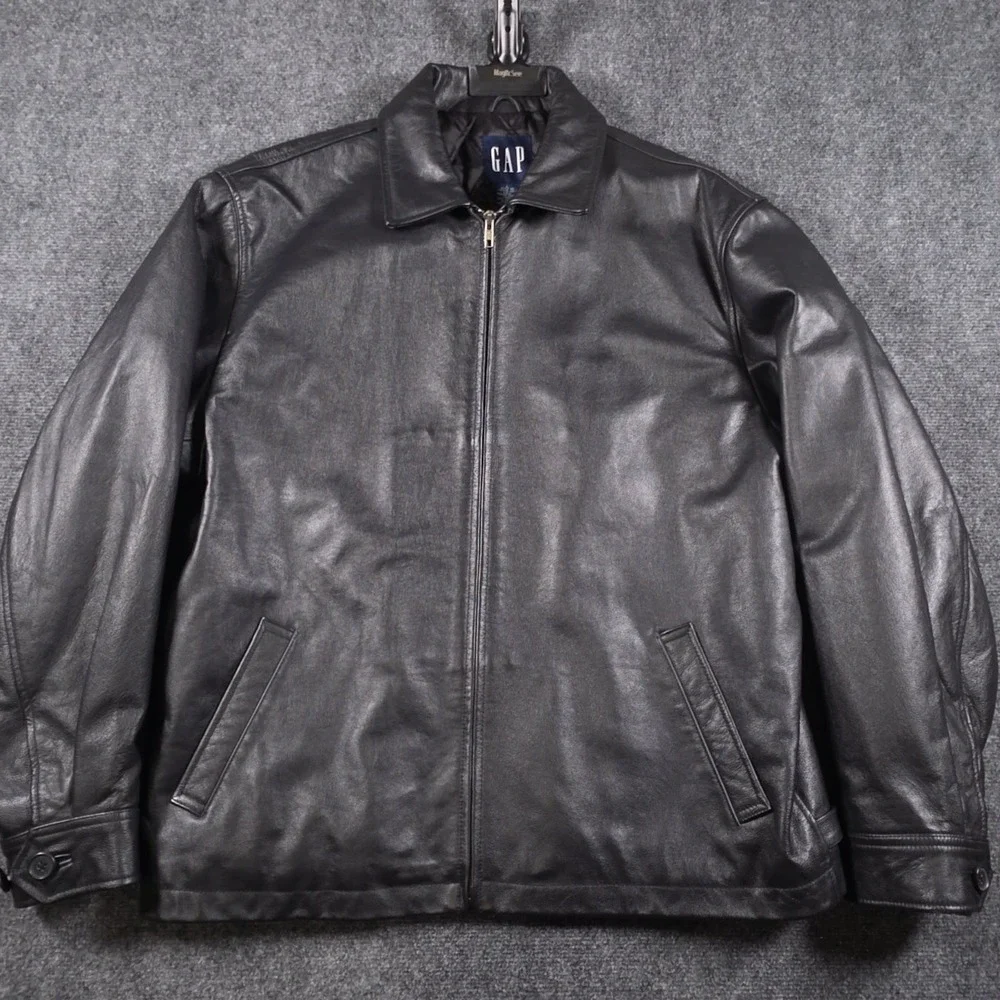 Vintage Gap Leather Harrington Bomber Jacket Mens Large Black Quilted Full Zip